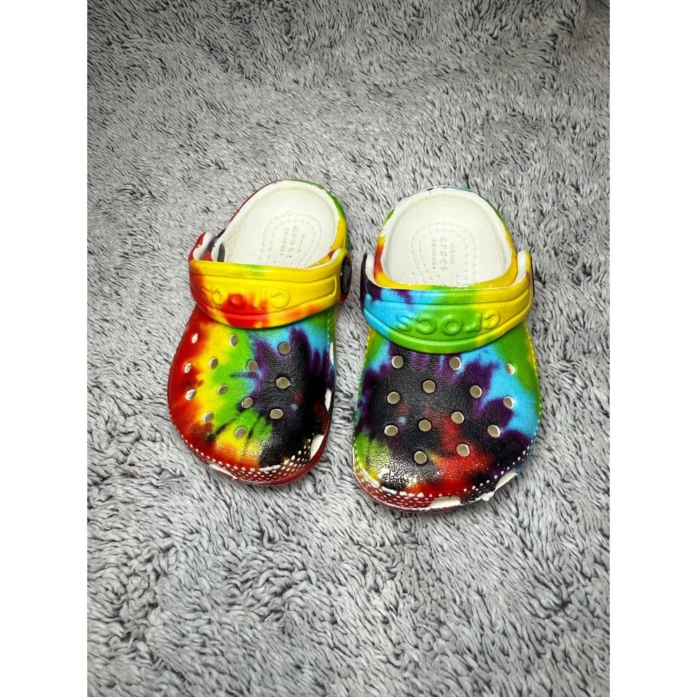 Crocs Classic Clog Toddler Kids C4 Rainbow Tie Dye Slip‎ On Shoes